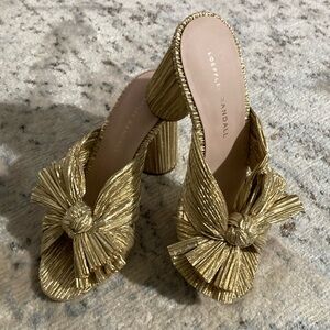 Loeffler Randall Gold Mules with Chunky Heel and Decorative Knot